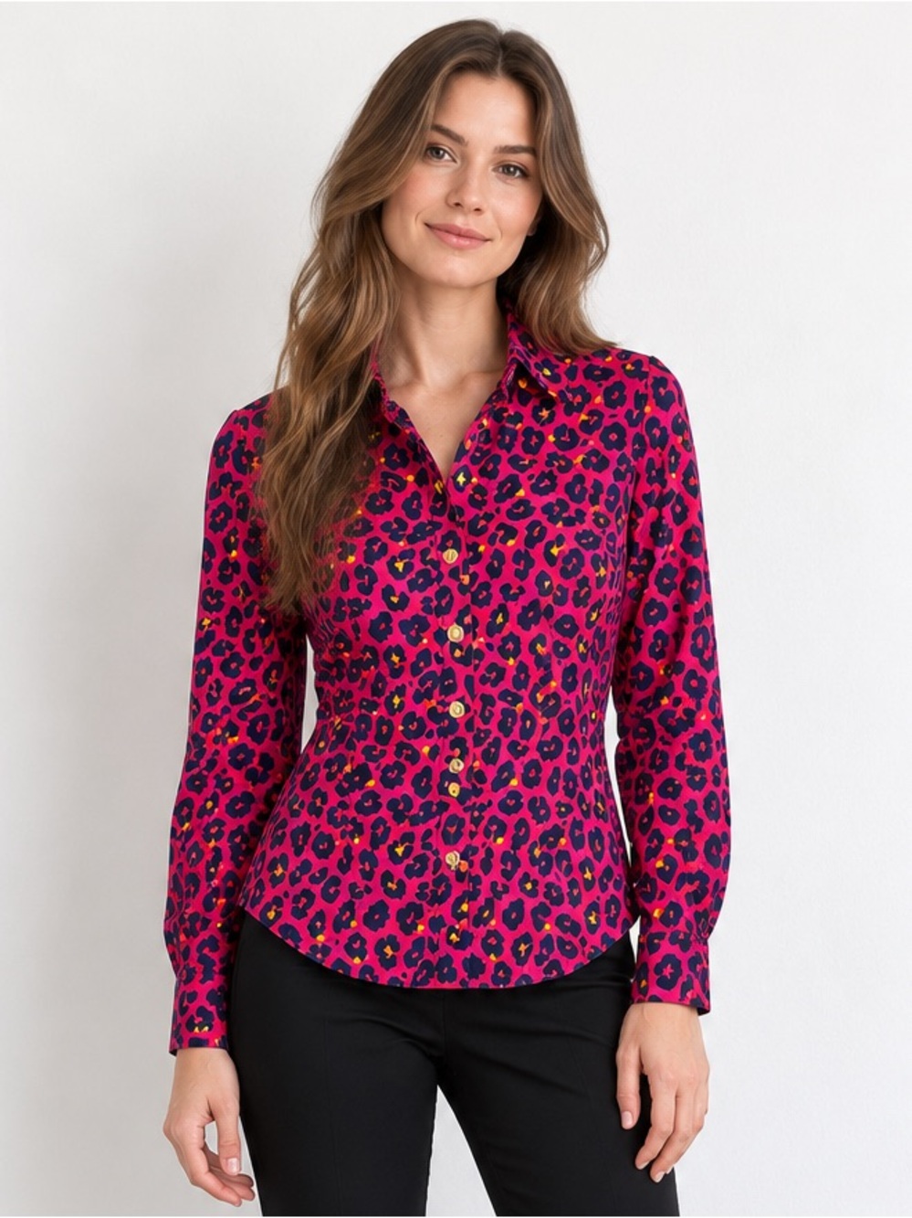 Jude Connally Hot Pink Navy Leopard Print Stretch Button Down Shirt L